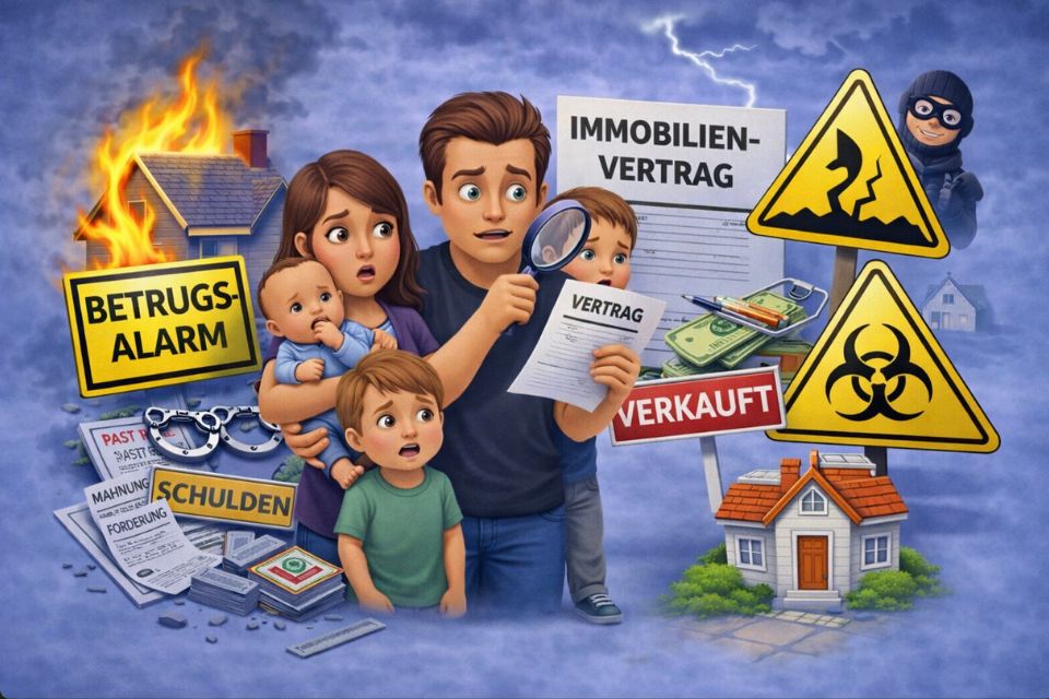 Familie steht vor typischen Immobilien-Risiken: Betrugsalarm, Schulden, fehlerhafte Verträge und versteckte Mängel